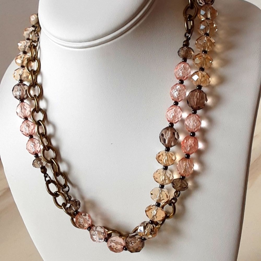 VTG FAUX MORGANITE, SMOKY TOPAZ, GLASS FACETED CRYSTAL NECKLACE 40"